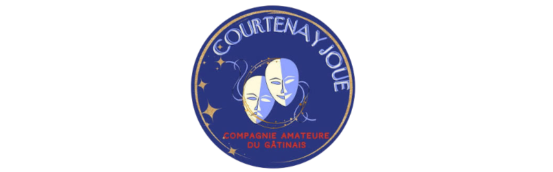 Cercle rond bleu nuit avec 2 masque blanc et l'inscription courtenay joue